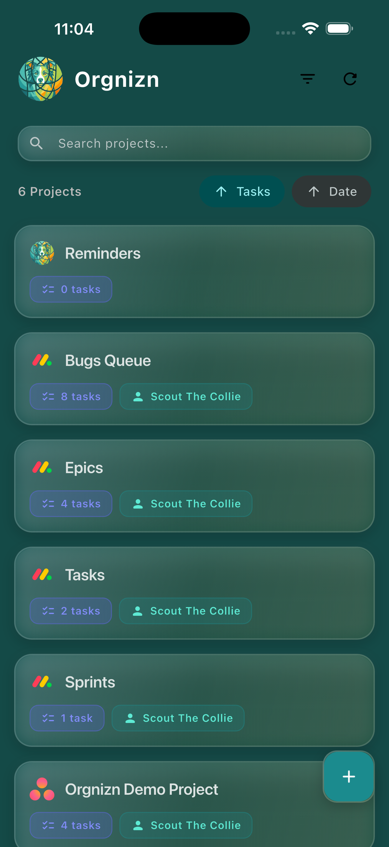 Orgnizn app — dark mode project list